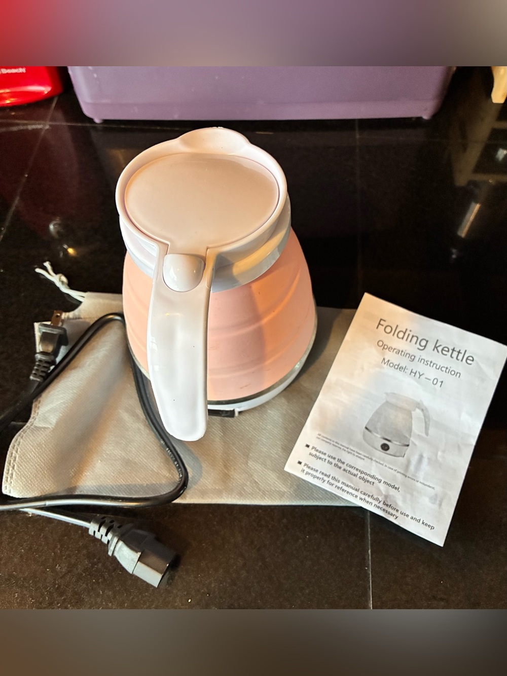 HY-01 Foldable Electric Camping Kettle 0.8L 110V Pink/White w/ Bag pre-owned